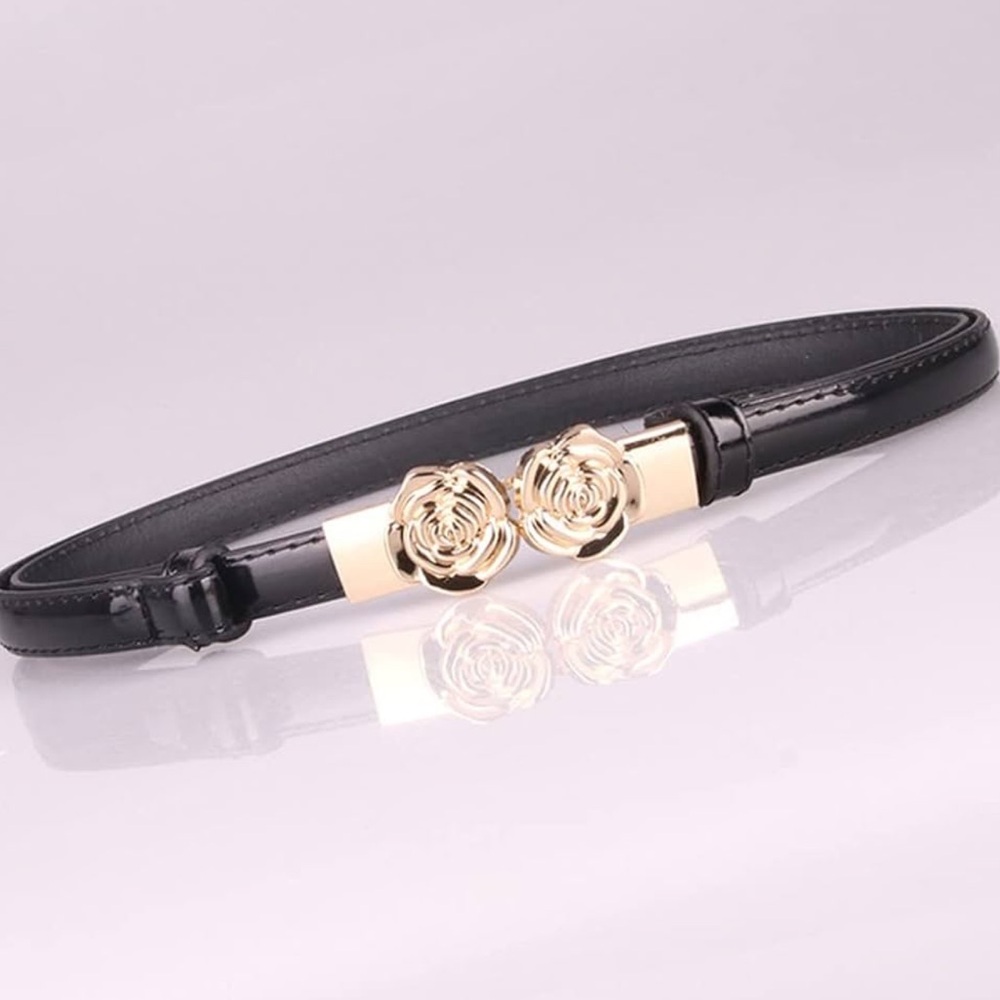 NEW| Women’s Black Vintage Rose Buckle Matte Skinny Belt - Picture 2 of 6